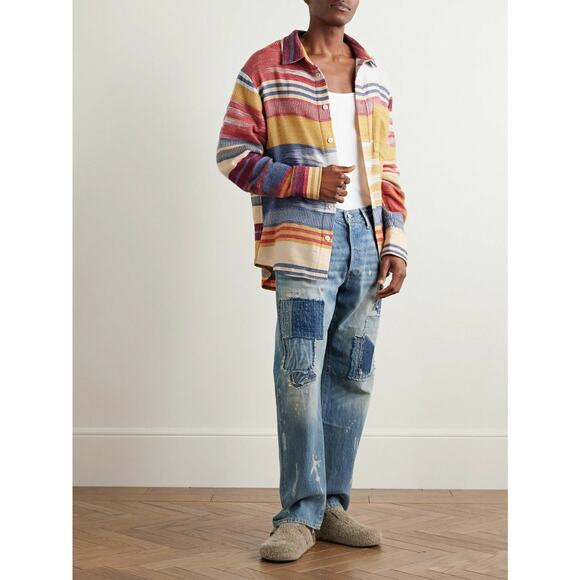 Elder Statesman Mens Cashmere Blanket Stripe Over Shirt in Sahara Stripe M - Picture 2 of 4